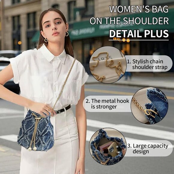 Blue Denim Purses for Women, Jean Bucket Bags, Crossbody Hobo Drawstring Handbag - Picture 2 of 7